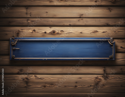 Sign board on old wooden wall background. Vintage signboard. Wooden retro blank. Navy blue wood sign. Copy space.