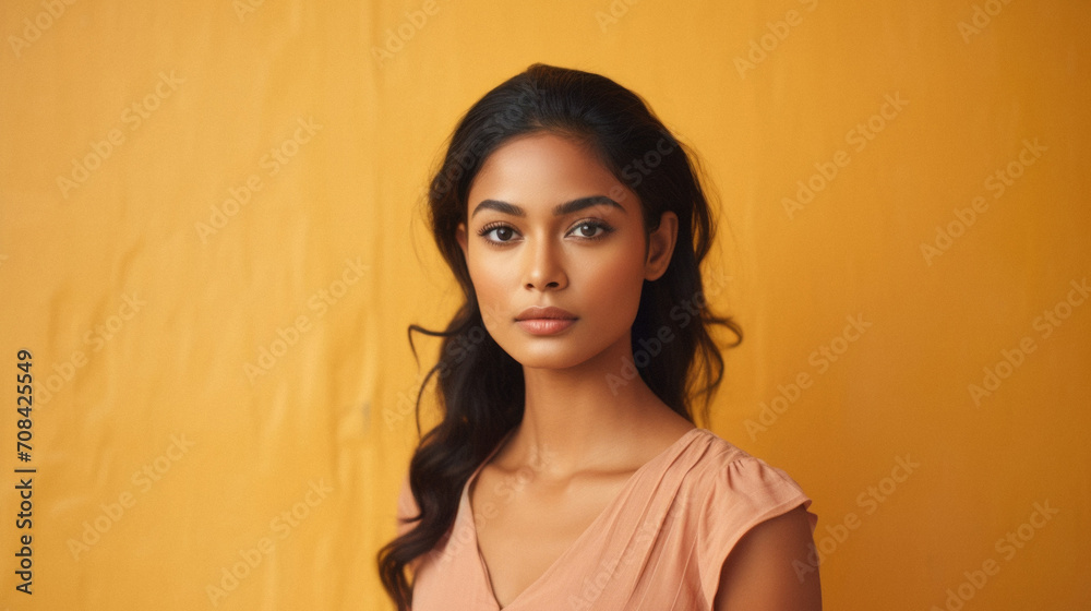 Portrait of a beautiful young asian woman looking at camera over yellow background Portrait of a beautiful young asian woman looking at camera over yellow background