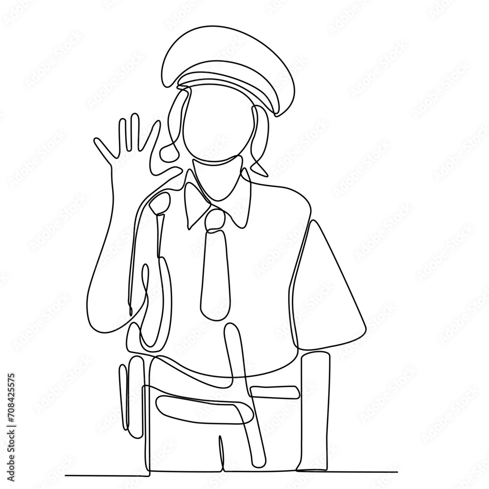 Continuous one line drawing of policewoman job job professional job. Minimalism concept draw single line graphic design vector illustration Continuous one line drawing of policewoman job job professional job. Minimalism concept draw single line graphic design vector illustration