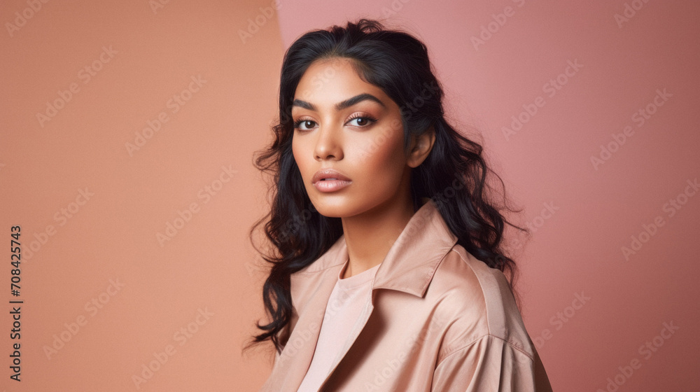 Beautiful indian woman in beige coat on pink background Beautiful indian woman in beige coat on pink background