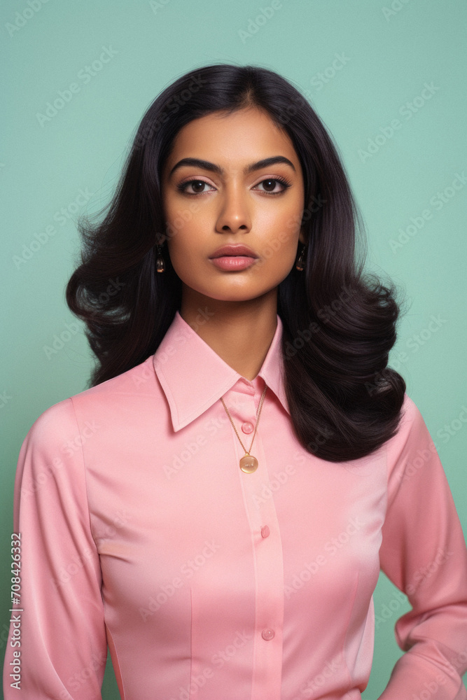 Portrait of a beautiful young woman in a pink blouse .