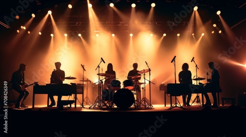 Music band group silhouette perform on a concert stage. silhouette of drummer playing on drums audience holding cigarette lighters and mobile phones