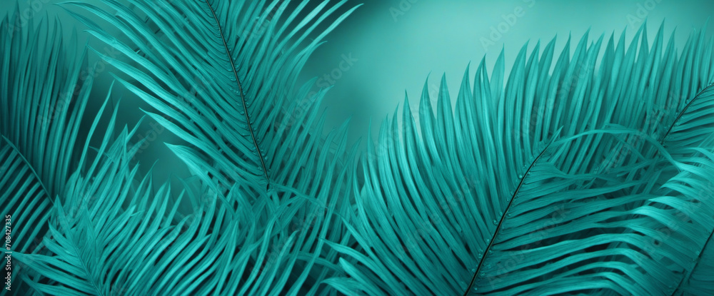 Beautiful dark turquoise nature background. Fern leaves. Toned blue frond background for design. Web banner. Website header. Exotic plants. Close-up.
