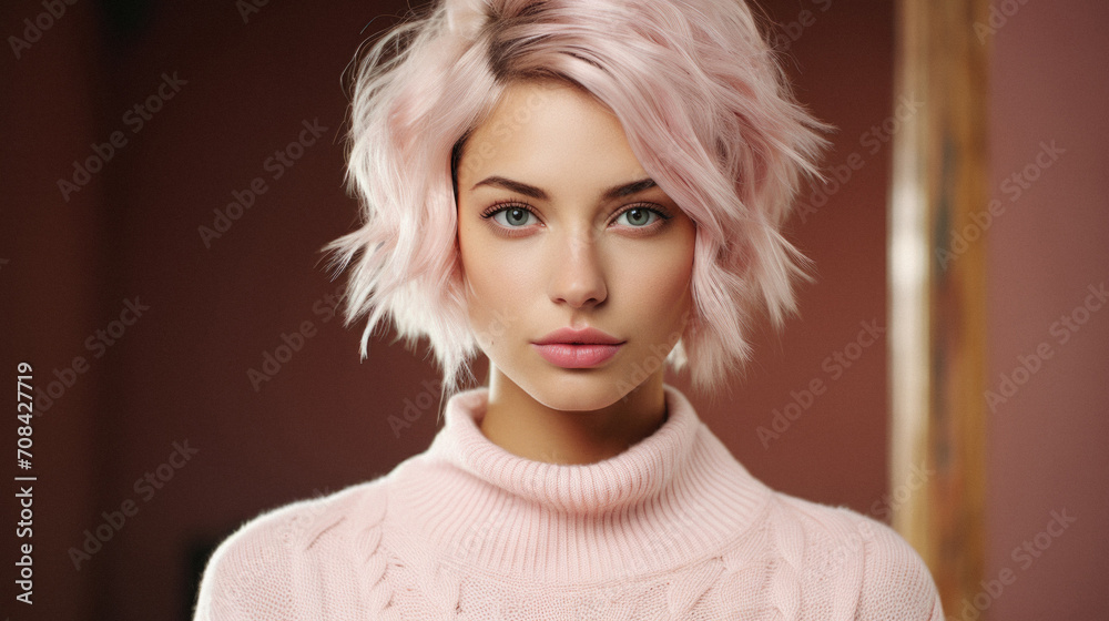 Portrait of a beautiful young woman with pink hair in a pink sweater Portrait of a beautiful young woman with pink hair in a pink sweater