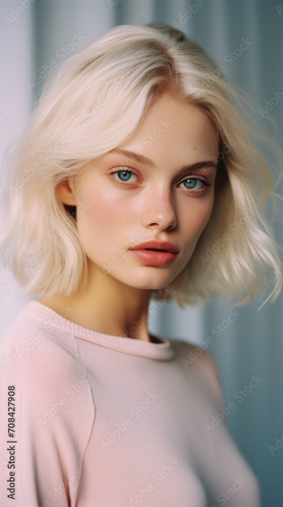 Fototapeta premium Portrait of a beautiful blonde girl with blue eyes in a pink sweater