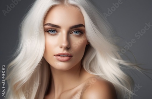 beauty woman with white long hair and natural makeup touches her face and perfect skin, with a confident look.