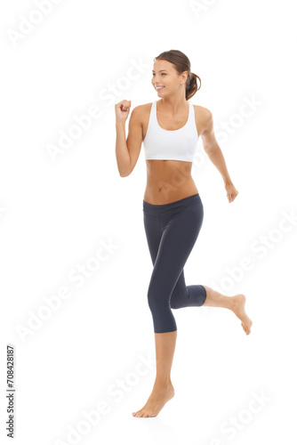 Woman, smile and running exercise in studio for cardio fitness or training athlete for lose weight, mockup or white background. Female person, jog and sports workout for healthy body, gym or wellness