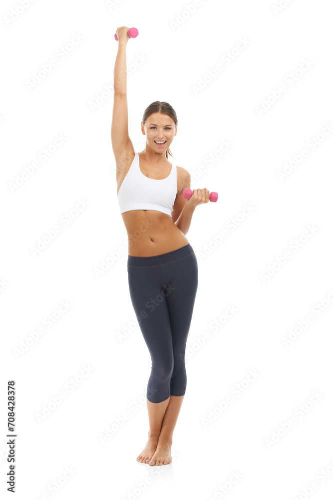 Portrait, happy woman and stretching in studio with dumbbells for fitness, training and exercise on white background. Excited model, weights and strong workout for arm muscles, performance and action Portrait, happy woman and stretching in studio with dumbbells for fitness, training and exercise on white background. Excited model, weights and strong workout for arm muscles, performance and action