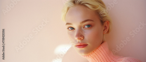 Portrait of a beautiful young woman with blue eyes and pink sweater