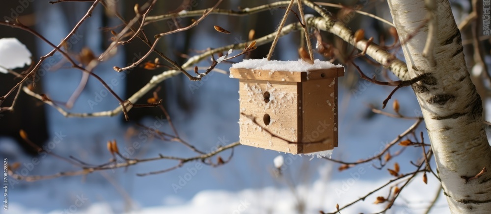 Handmade winter bird feeder, created from a cardboard box and hung on a tree using improvised methods.