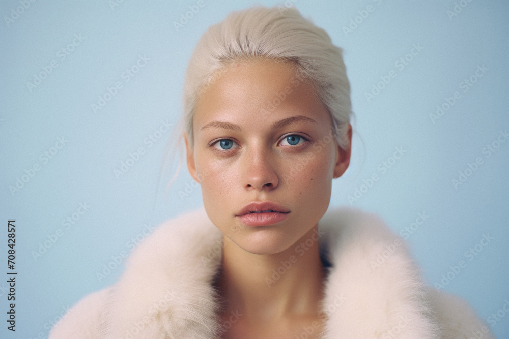 Portrait of a beautiful blonde woman in a white fur coat on a blue background