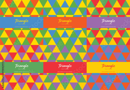 Bright rainbow triangle color theme seamless pattern set