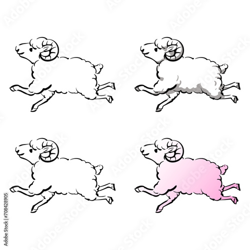角のあるヒツジの和風ベクターイラストセット（線画、影付き、白黒、グラデーション）。