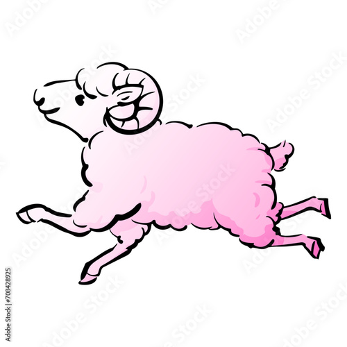 角のあるヒツジの和風ベクターイラスト（カラー）。