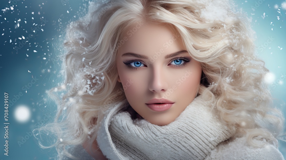 Fashionable woman in blue coat and scarf with snowflakes, fashion flyer design for advertisement.