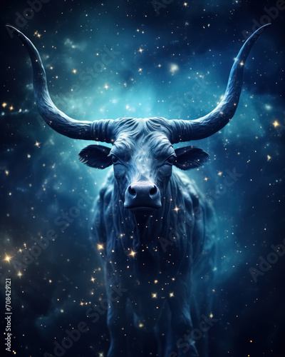 Portrait of bull constellation on background of blue cosmic galactic nebula surrounded by stars  zodiac sign Taurus of eastern calendar