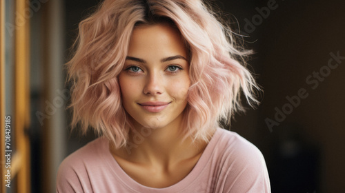 Portrait of a beautiful young woman with pink hair in the room photo