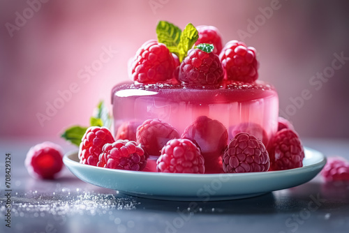 Close up jelly pudding with fresh raspberry on white plate. Delicious, refreshment dessert with berry