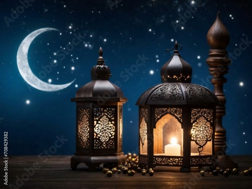 Muslim holiday in the holy month of Ramadan Kareem. Beautiful sky background with lanterns on shining wood Fanus