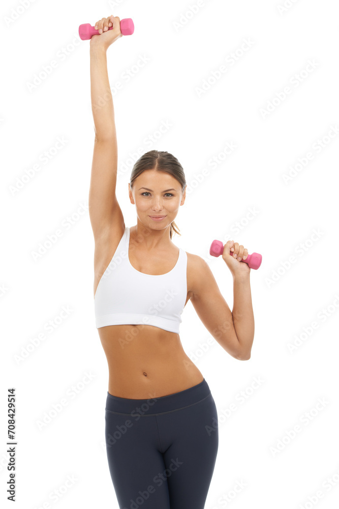 Woman, portrait and stretching with dumbbells in studio for exercise, training or sports workout on white background. Fitness model, weights and strong arm muscles for performance, action or movement Woman, portrait and stretching with dumbbells in studio for exercise, training or sports workout on white background. Fitness model, weights and strong arm muscles for performance, action or movement