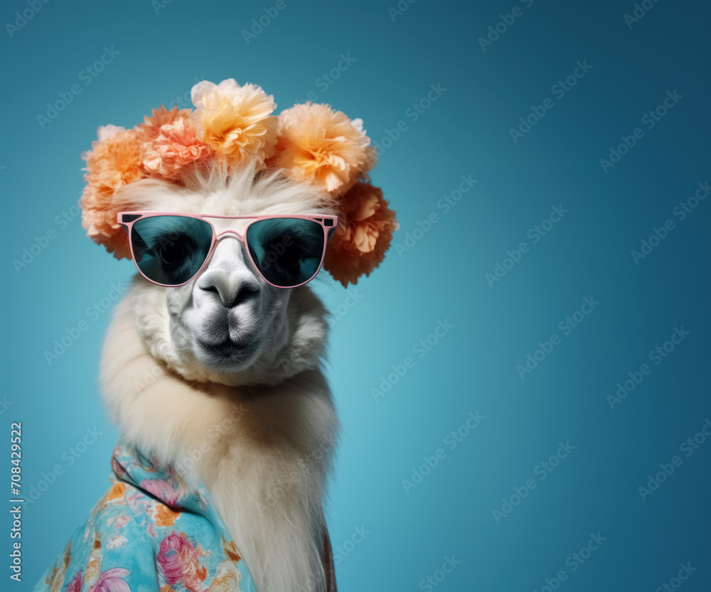 Portrait of funny alpaca posing on blue sky background with blossom flowers on his head, wearing black sunglasses