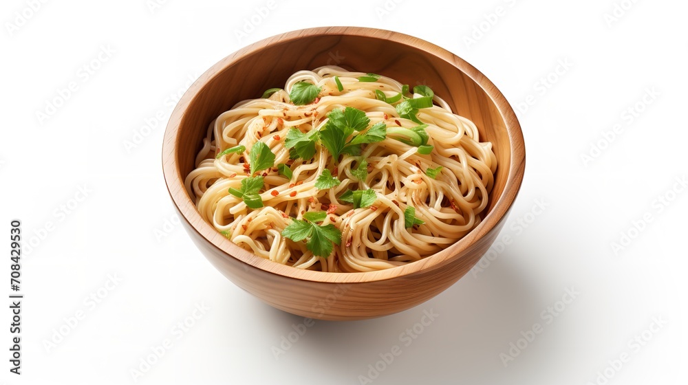 A wooden dish of soup with noodles, isolated on a white backdrop, top view, copy space, healthy, Generative AI.
