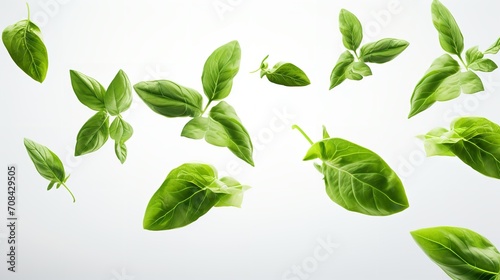 A group of soaring basil leaves against a white backdrop, close up, raw food, falling, Generative AI. photo