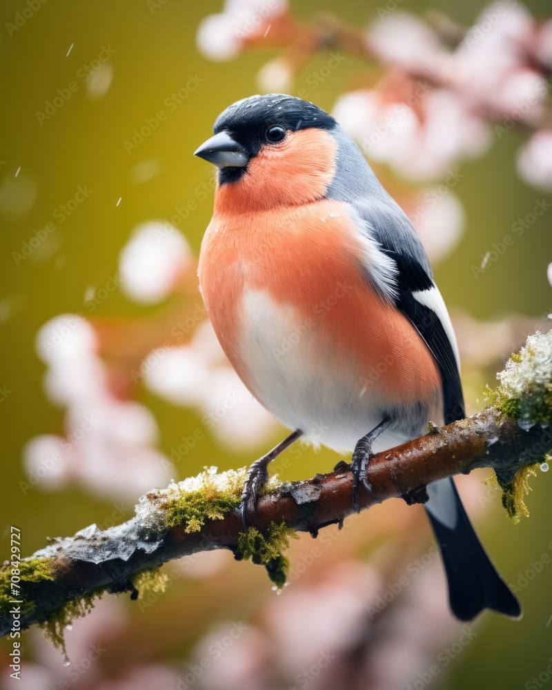 Full body portrait cute bullfinch bird with red chest in snowy forest on snow-covered rowan branch Full body portrait cute bullfinch bird with red chest in snowy forest on snow-covered rowan branch