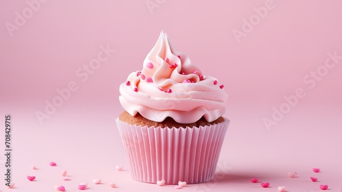 A set of pink cupcake muffins with a heart, isolated on a pink background, perfect for Valentine's Day, Generative AI.