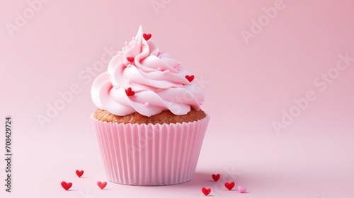 A set of pink cupcake muffins with a heart, isolated on a pink background, perfect for Valentine's Day, Generative AI. photo