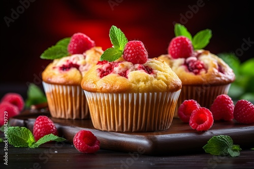 Delicious homemade raspberry muffins on blurred background with copy space for text placement