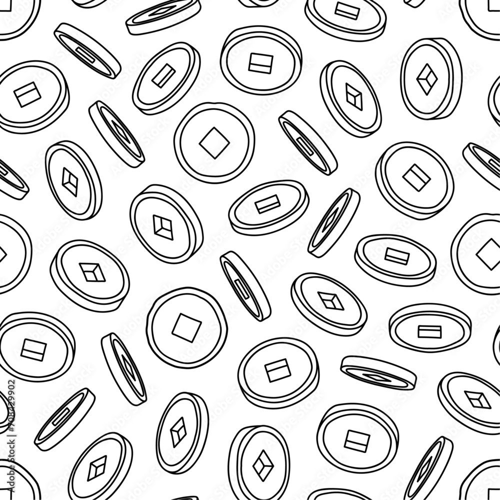 Hand drawn seamless pattern of Chinese coins on transparent background