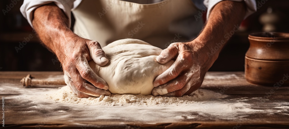 Skilled baker carefully kneading dough in bakery   bright blurred background with copy space