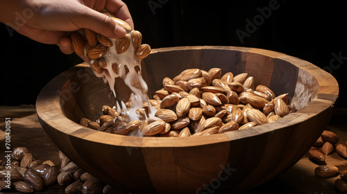 Almond is poured into a wooden bowl.