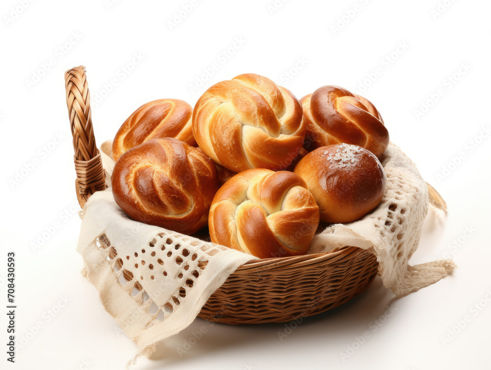 Basket Filled With Rolls on Table, Delicious Baked Goods Ready for Consumption Basket Filled With Rolls on Table, Delicious Baked Goods Ready for Consumption