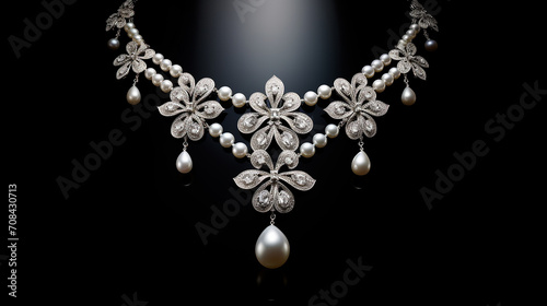 luxury diamonds and pearl necklace on dark background