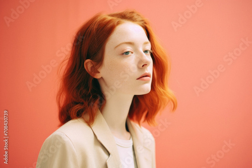 Portrait of a red-haired girl on a red background .