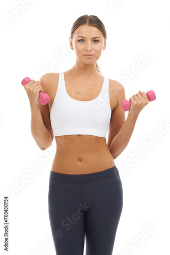 Woman, dumbbells and portrait in studio for exercise, training or sports workout on white background. Fitness model, weights or strength for performance, action and power of biceps, muscles or health