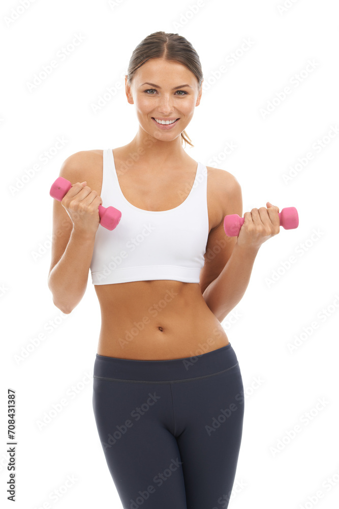 Happy woman, dumbbells and portrait in studio for power, training or sports workout on white background. Strong model, weights and fitness performance, action or exercise of biceps, muscles or health Happy woman, dumbbells and portrait in studio for power, training or sports workout on white background. Strong model, weights and fitness performance, action or exercise of biceps, muscles or health