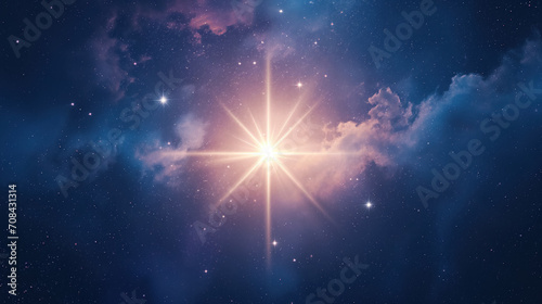 Bright star shining in cosmic nebula.