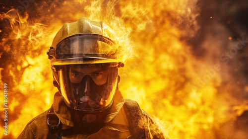 A brave firefighter in full gear in intense blaze.