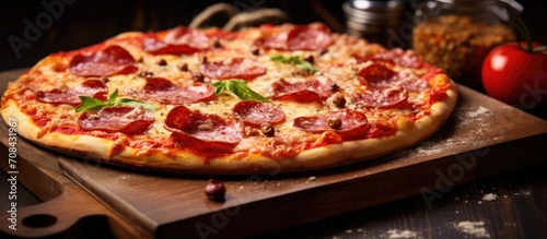 Cheesy salami pizza on a board.