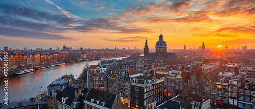 Amsterdam City Beautiful Panorama Sunset