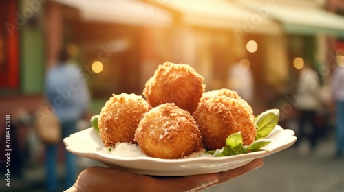 arancine concept, Arancini (deep fried rice balls with meat) Typical Sicilian street food photo