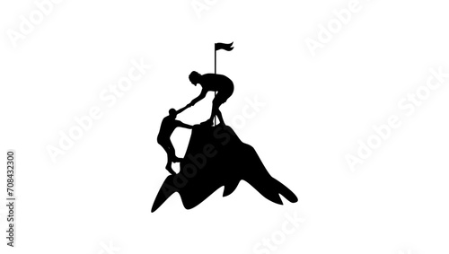 leader helping team member, climbing to the top, black isolated silhouette