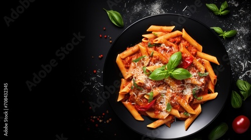 arrabiata concept, Classic italian pasta penne alla arrabiata with basil and freshly grated parmesan cheese on dark table. Penne pasta with chili sauce arrabbiata