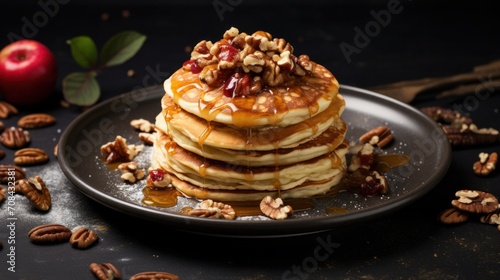 Autumn Pancake Stack with Apple Pecan, Baked Apples, and Cinnamon Topped with Maple Syrup - A Delicious Dish