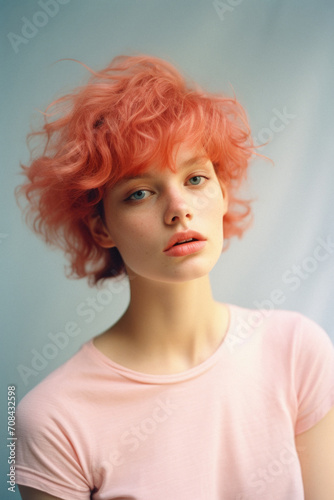Portrait of a girl with pink hair on a blue background .