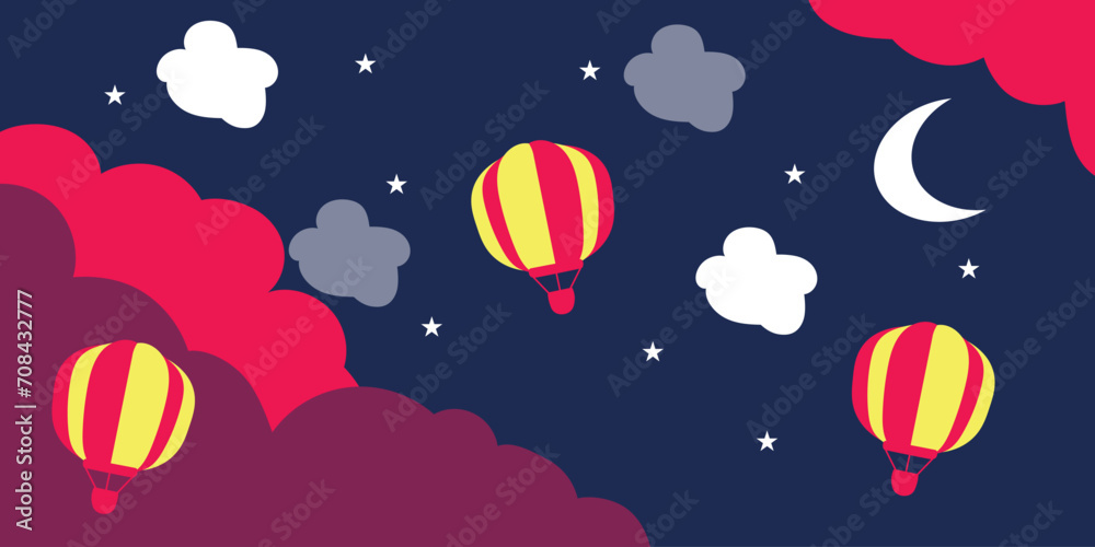 hand drawn cute wallpaper with clouds, ballons and moon. Wallpaper for a little princess. vector Wallpaper.