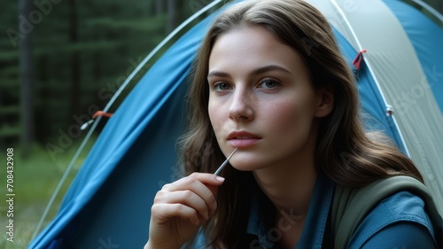very beautiful girl camping in the wilds